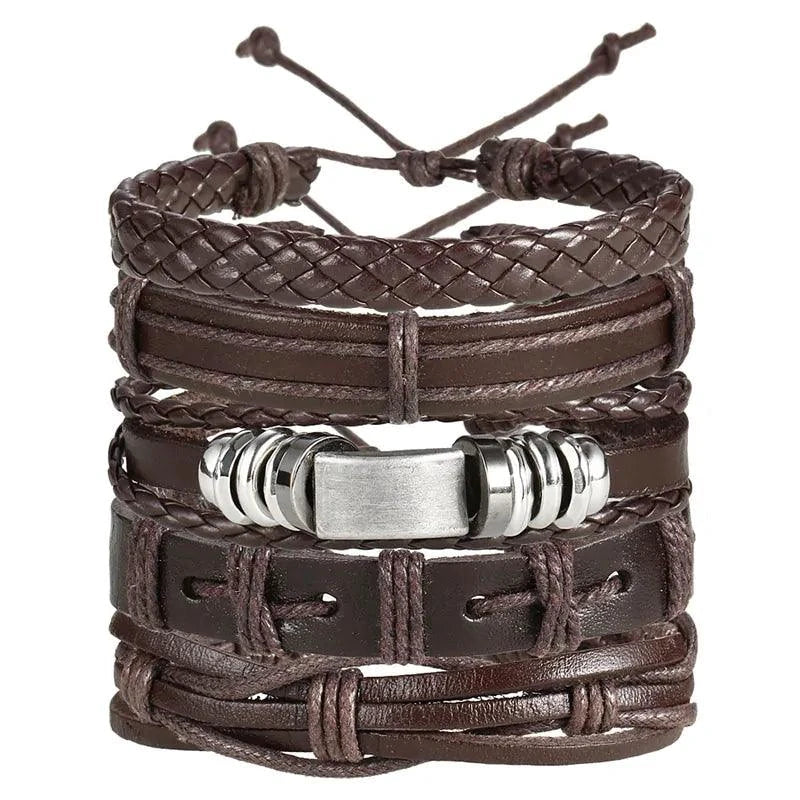 Mandotos layered leather charm bracelet featuring multiple leather bands and metal charms for a stylish accessory.