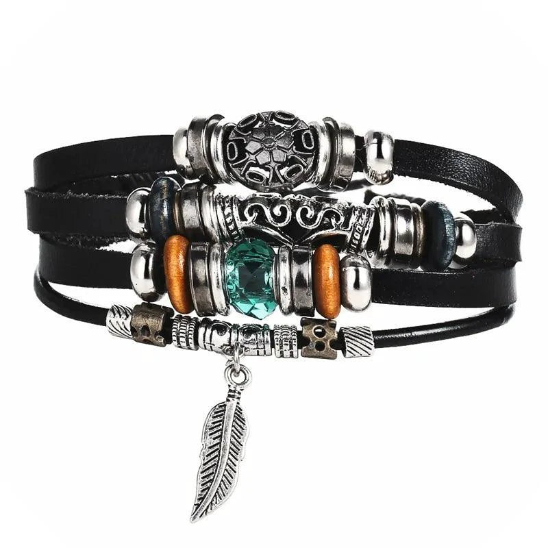 Mandotos layered leather charm bracelet featuring multiple leather strands and decorative charms on a neutral background.