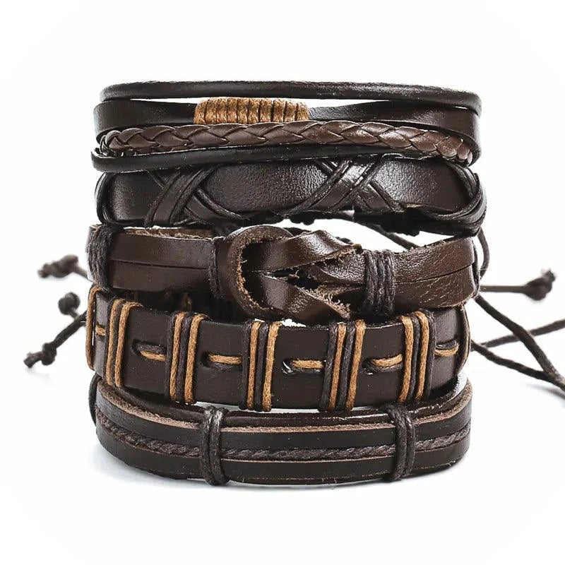 Layered leather charm bracelet by MANDOTOS featuring multiple leather straps and decorative metal charms.