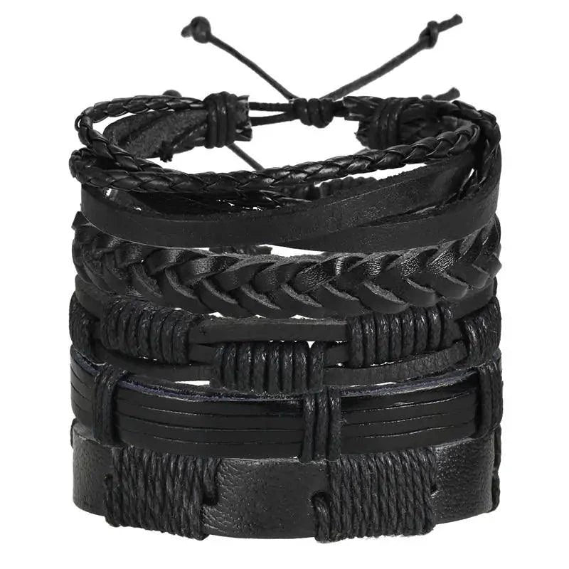 Layered leather charm bracelet by MANDOTOS featuring multiple leather strands and metal charms on a neutral background.