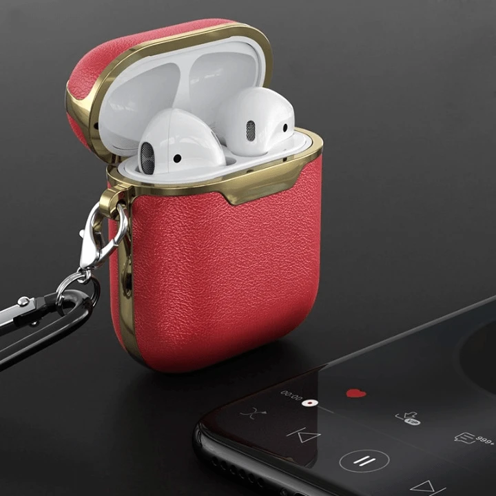 Mandotos leather case for AirPods, stylish and protective accessory with smooth texture and precise cutouts for charging port.
