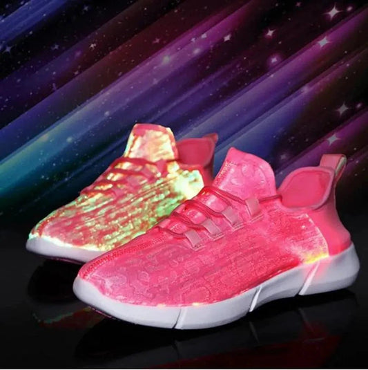 Mandotos LED fiber optic shoes with illuminated soles and colorful light display, showcasing a stylish and modern footwear design.