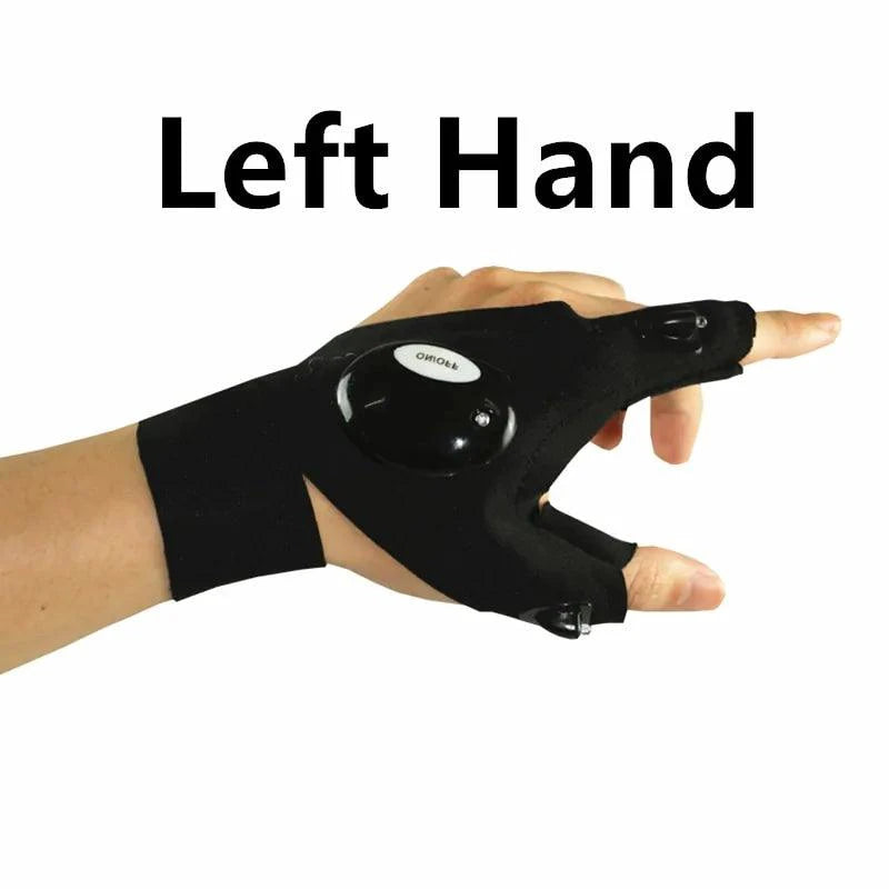 Mandotos LED fingerless adventure glove with built-in lighting, black fabric, and adjustable wrist strap for outdoor activities.