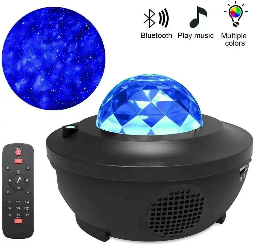 Mandotos LED Star Galaxy Projector Lamp displaying a starry night sky projection on a wall.