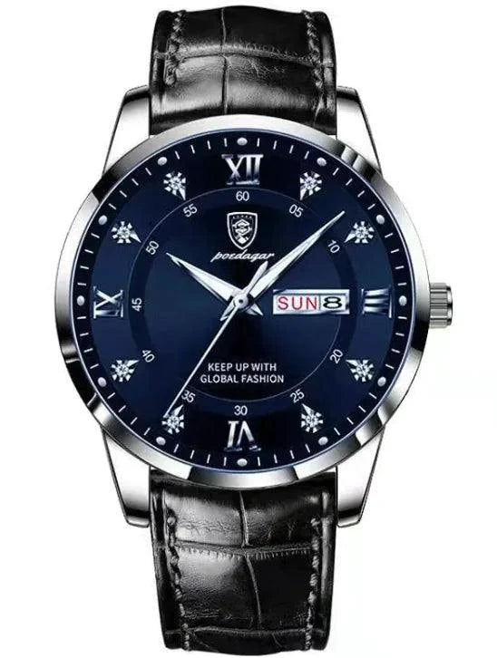 Luminous men's waterproof dual calendar watch by MANDOTOS showing the time, date, and luminous dial in a close-up view.