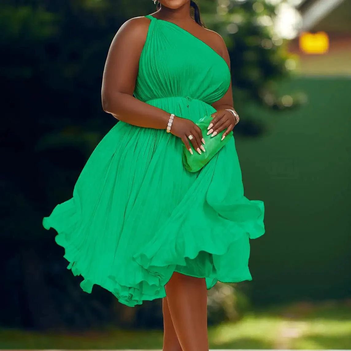 Mandotos Luxe Couture ruffle midi dress with flowing pleats, elegant design, and sophisticated style for special occasions