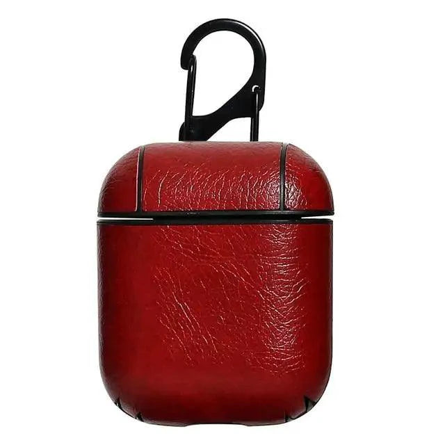 Mandotos Luxury AirPod leather protector case in black, featuring smooth, premium leather with sleek design and precise cutouts.