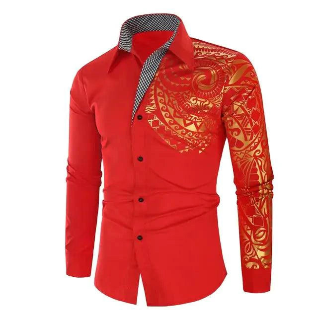 Mandotos luxury gold and black men's slim fit long sleeve shirt, stylish and modern for formal or casual wear.