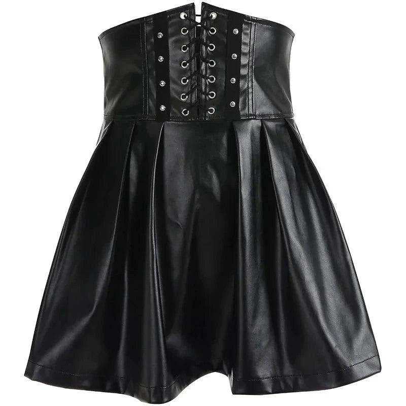 Black leather lace-up skirt by MANDOTOS featuring a fitted design and lace-up front detail.