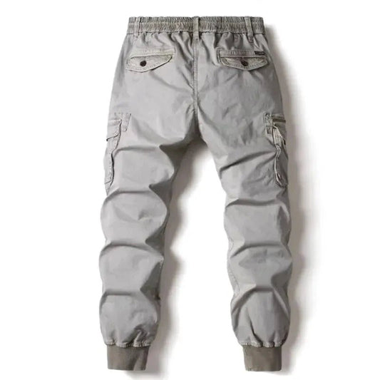 Mandotos men's gray cotton cargo pants with full-length tactical design and multiple pockets for military-style utility.