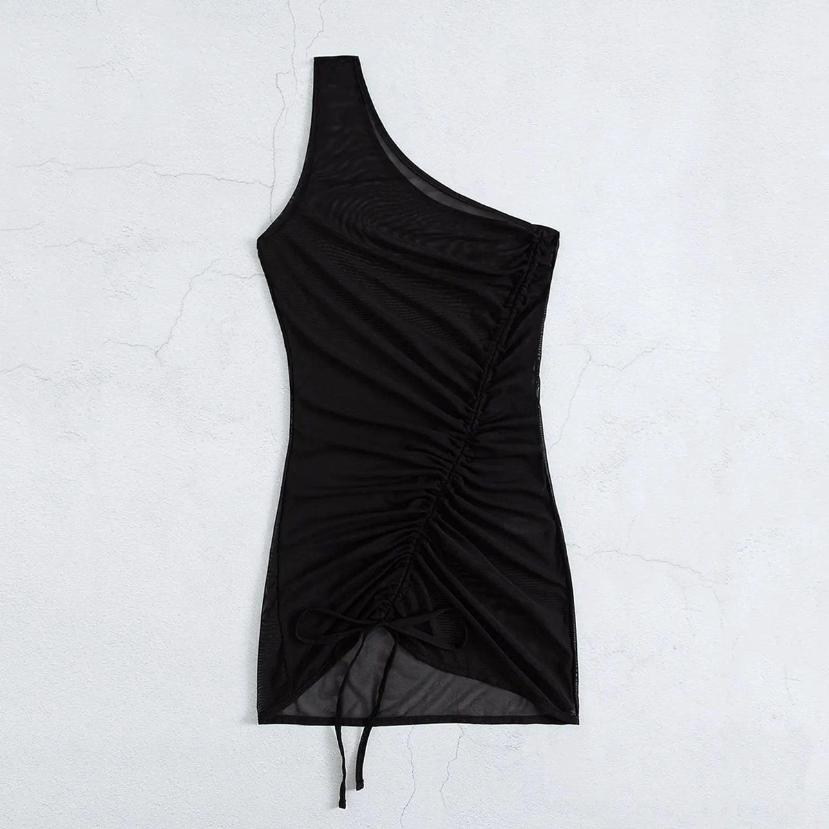 Mandotos chic black mesh one-shoulder beach cover-up with sheer panels for swimwear, lightweight and stylish for beach or poolside.