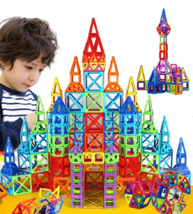 Mandotos Creative Magnet Constructors magnetic building blocks set for STEM learning, showing colorful geometric pieces assembled.