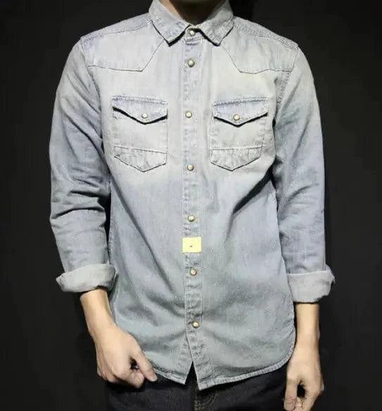 Mandotos denim long sleeve shirt with classic casual style, durable denim fabric, suitable for all seasons, displayed on a hanger.