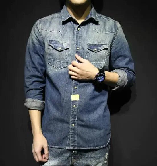 Mandotos denim long sleeve shirt featuring a classic casual style, durable denim fabric, suitable for everyday wear in all seasons.