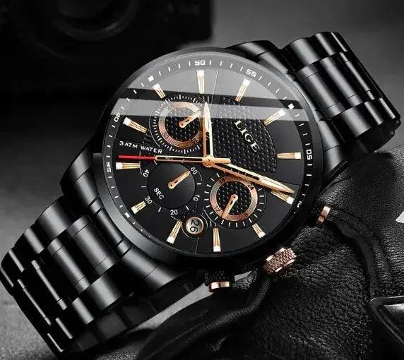 Mandotos men's fashion sport quartz watch with black dial and metal strap, stylish men's wristwatch for casual and active wear.