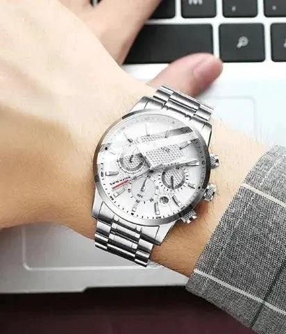 Mandotos men's fashion sport quartz watch with black dial and stainless steel strap, casual and stylish for everyday wear.