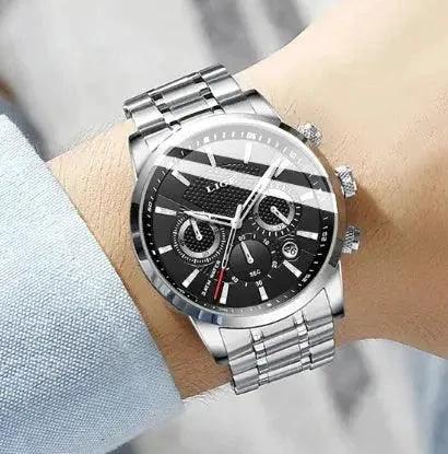 Mandotos men's fashion sport quartz watch with black dial and silver strap, casual men's wristwatch for everyday wear.
