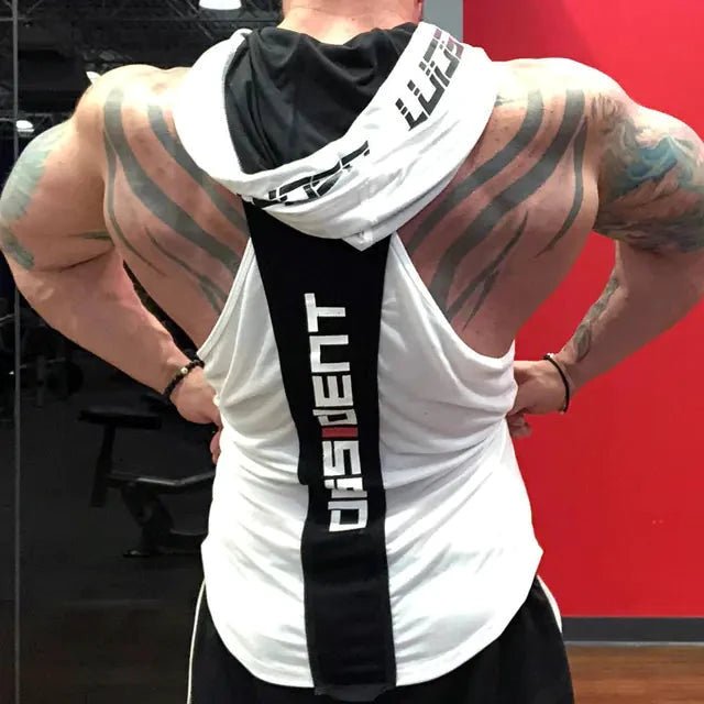 Men's breathable active hooded workout tank by MANDOTOS, showcasing lightweight fabric and hood design for exercise.