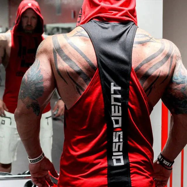 Men's breathable active hooded workout tank by MANDOTOS, featuring lightweight fabric and a sporty hood design.