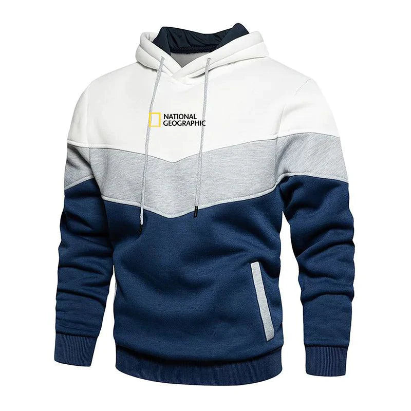 Men's casual sports panel hooded pullover sweatshirt by MANDOTOS, featuring a relaxed fit and sporty design with a hood and long sleeves.