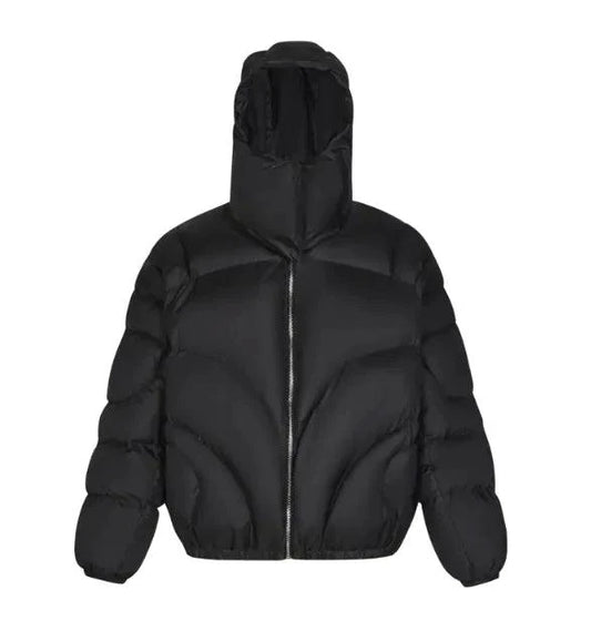 Men's grey cotton padded coat with a detachable hood, from MANDOTOS, featuring a warm, padded design and full front zipper.