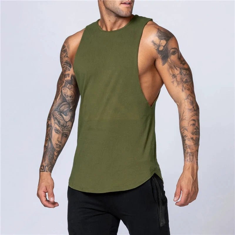 Mandotos men's summer gym cotton tank top, sleeveless bodybuilding shirt with breathable O-neck for jogging and casual fitness wear.