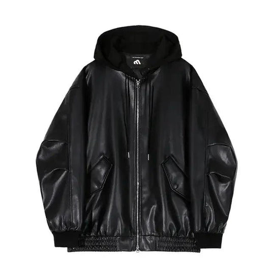 Men's black hooded leather jacket by MANDOTOS, featuring a stylish hood and classic leather design, perfect for casual wear.
