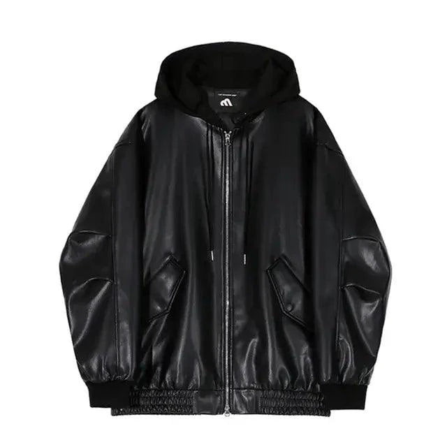 Men's black hooded leather jacket by MANDOTOS, featuring a stylish design with a front zipper and adjustable hood.
