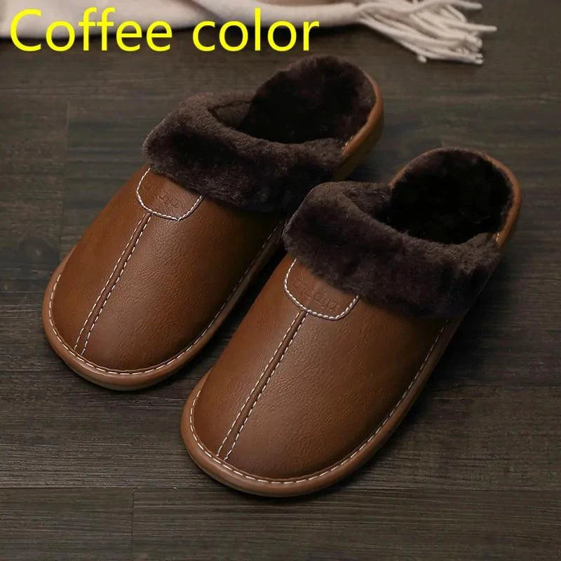 Men's luxury leather slippers by MANDOTOS, featuring soft leather upper and slip-on design for comfortable indoor wear.