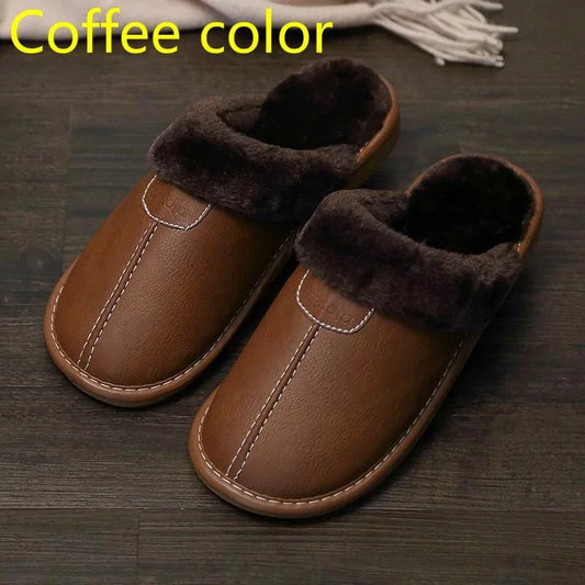 Men's luxury leather slippers by MANDOTOS featuring soft leather and classic slip-on design for comfortable indoor wear.