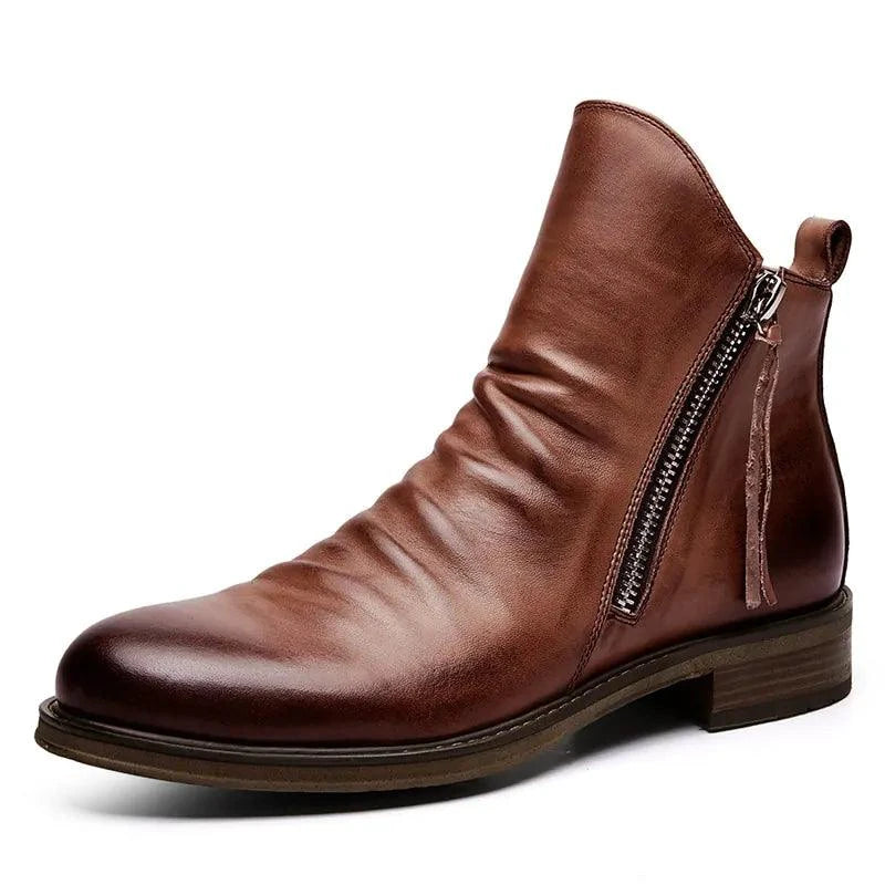 Men's premium leather Martin boots by MANDOTOS featuring a sleek design and sturdy construction with metal buckles and a durable sole.