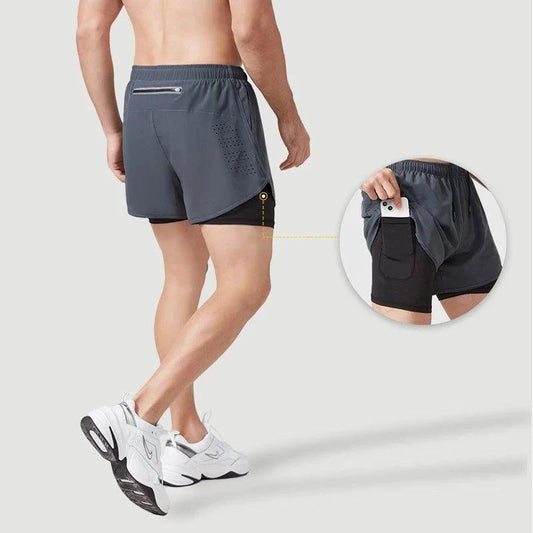 Mandotos men's black quick-drying running shorts with double layer design, suitable for fitness, workout, and bodybuilding training.
