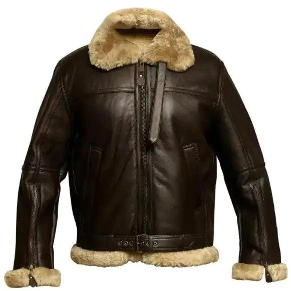 Men's stylish winter fur-lined leather jacket by MANDOTOS, featuring a sleek design and warm fur lining for cold weather.