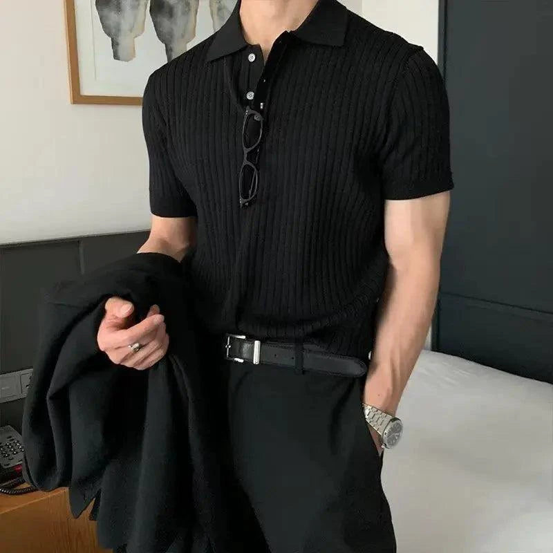 Men's textured knit lapel polo shirt by MANDOTOS, featuring a classic collar and detailed knit pattern in a casual style.