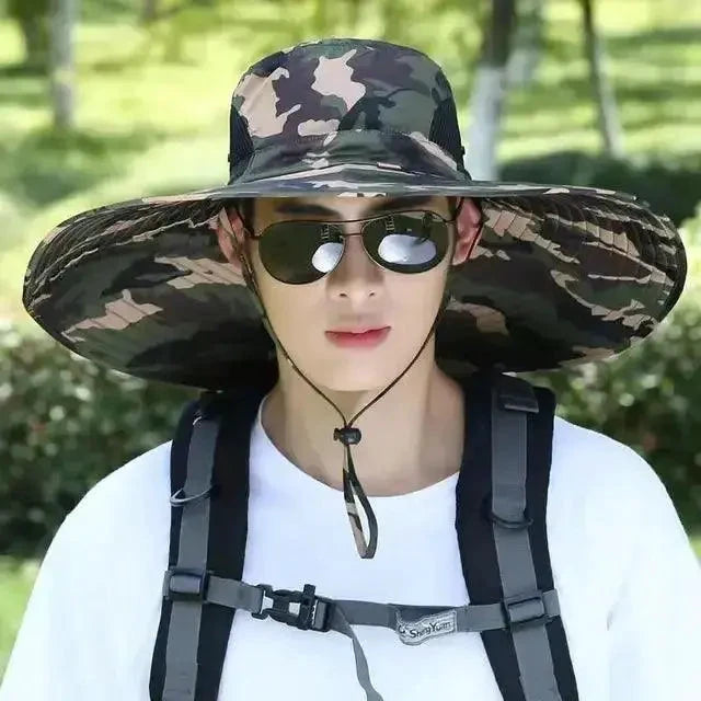Men's wide brim sun protection hat by MANDOTOS, featuring a shaded brim for outdoor sun safety and stylish summer wear.