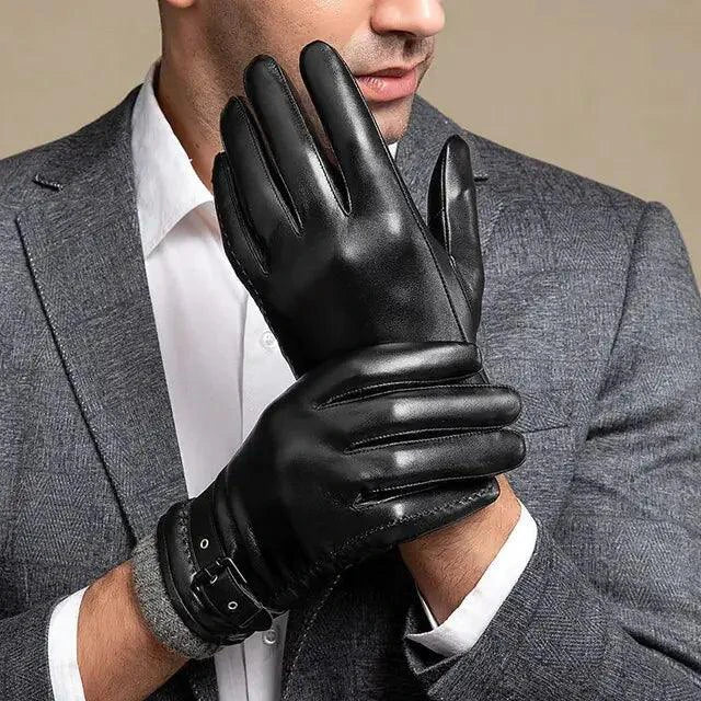 Men's winter leather gloves by MANDOTOS, close-up of black gloves with textured leather detailing and stitched seams.