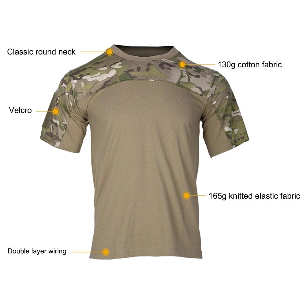 Mandotos men's camouflage tactical combat T-shirt with breathable fabric, outdoor hunting and workout clothing, featuring a camo pattern.