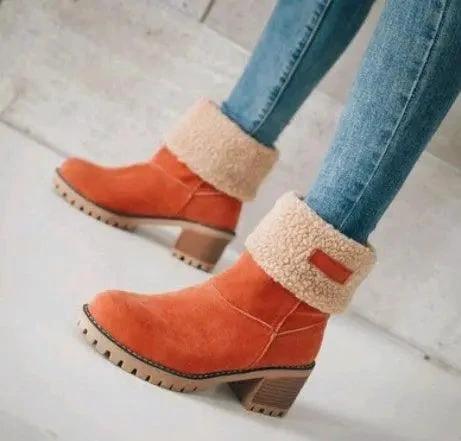 Mandotos mid-tube thick heel suede snow boots with a sturdy sole and stylish design, ideal for winter cold weather.