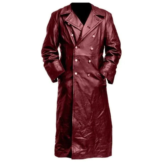 Mandotos Midnight Leather Trench coat shown front view, featuring sleek black leather with classic trench design and belt details.