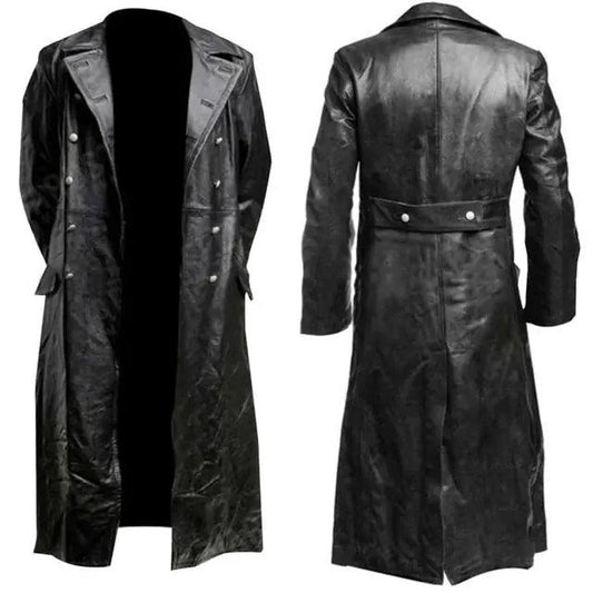 Mandotos Midnight Leather Trench coat shown on a mannequin, featuring sleek black leather with classic trench design and adjustable belt