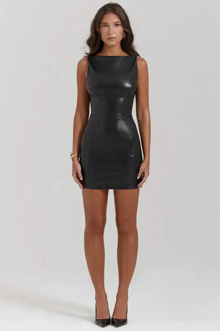 Black mini leather dress by MANDOTOS, featuring a fitted silhouette and stylish design, shown on a mannequin.