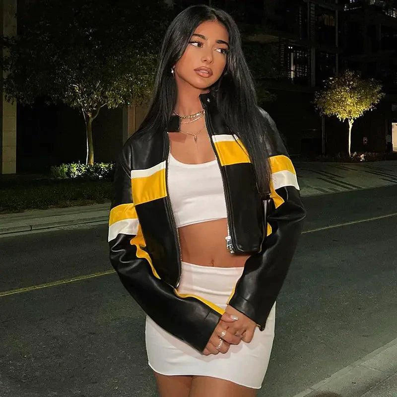 Mandotos Mosaic Leather Jacket featuring a colorful mosaic pattern, stylish fit, and high-quality leather for a bold, modern look.
