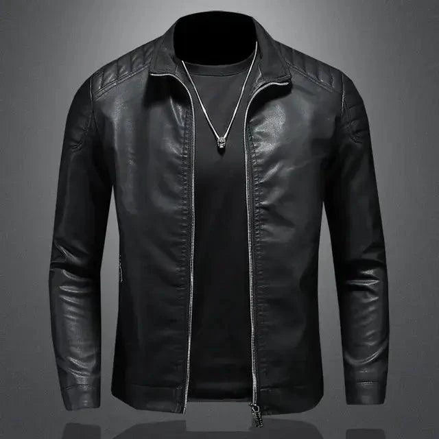 Men's black leather motorcycle jacket by MANDOTOS, featuring a fitted style with zippered pockets and shoulder padding.