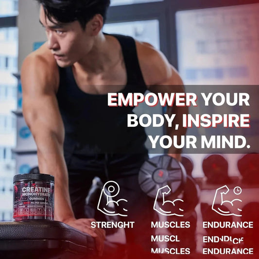 Mandotos Muscle Boost Gummies in a clear bottle, showing vibrant gummy supplements for muscle support and recovery.