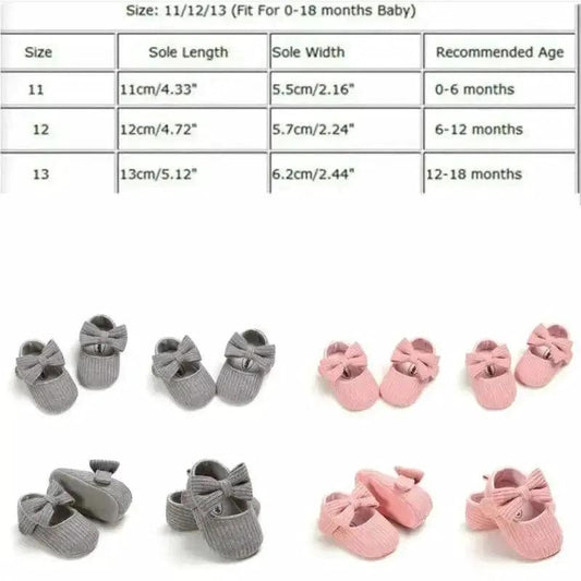 Soft newborn shoes by MANDOTOS with pink and white design, featuring comfortable fabric and tiny bow details.
