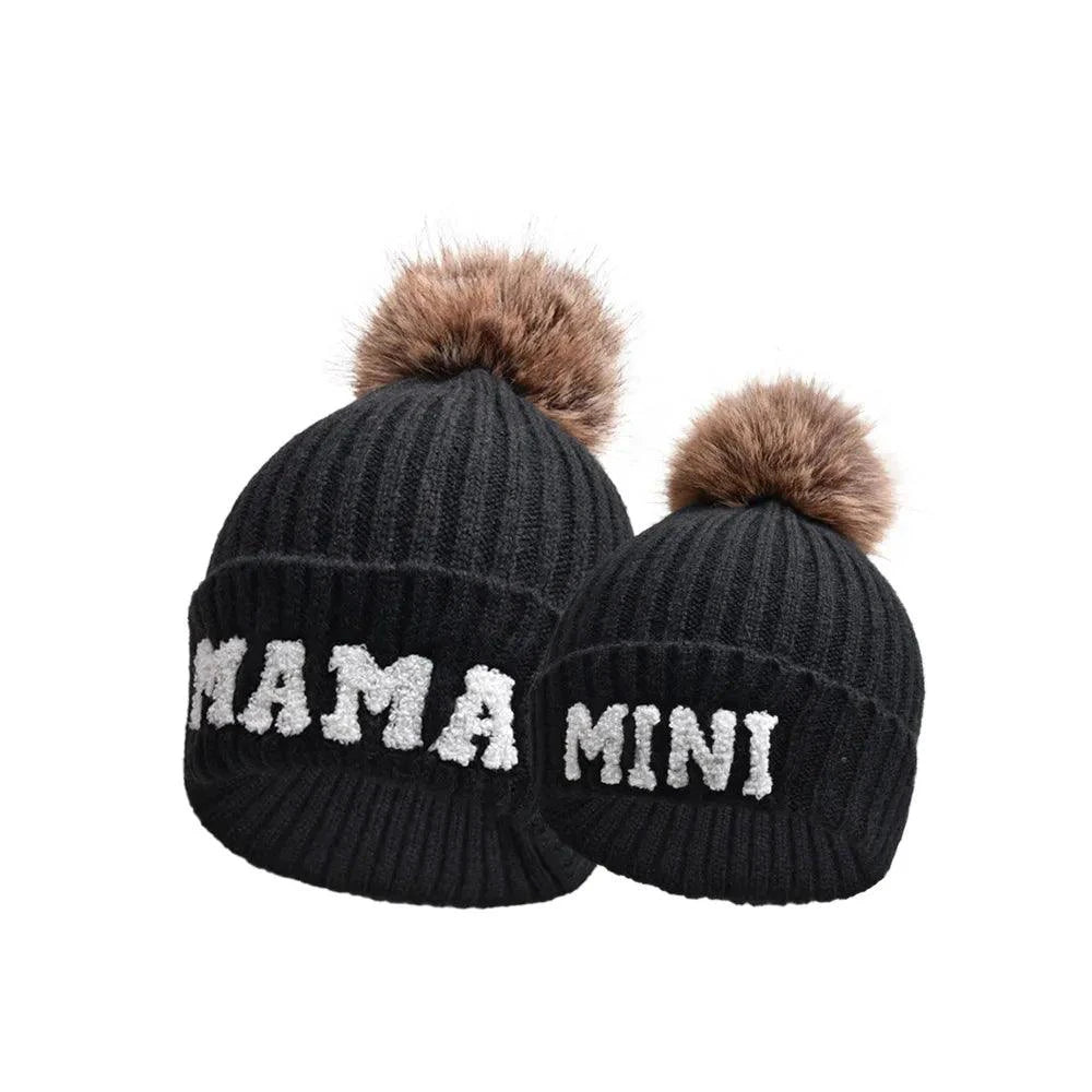Family matching beanie hats set from MANDOTOS, includes three cozy winter knit hats for mama, papa, and baby.
