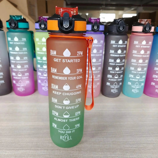 Mandotos PeakHydrate motivational water bottle with inspirational quote, durable plastic, and ergonomic design for active hydration.