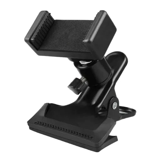 Mandotos Phone Guitar Clip Stand holding a smartphone, compact and adjustable for easy hands-free use and display.