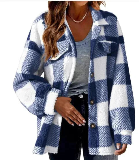 Mandotos plaid wool jacket with turndown collar, featuring a classic checkered pattern and cozy winter style.