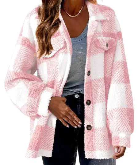 Mandotos plaid wool jacket with turndown collar, showcasing a cozy, stylish outerwear piece in a classic checkered pattern.